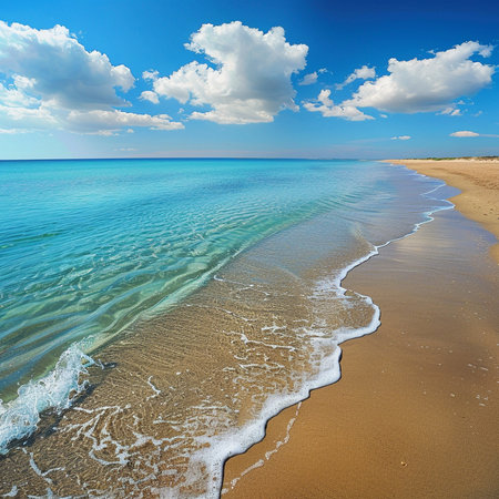 sandy beach and turquoise sea under blue sky with cloudsの素材