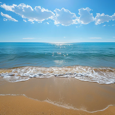 beautiful sandy beach and blue sea with white clouds, summer landscapeの素材