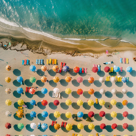Aerial view of beautiful sandy beach with colorful umbrellas and sunbeds.の素材