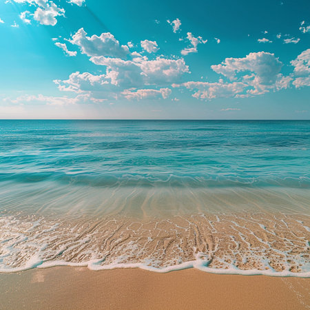 Beautiful seascape with sandy beach and blue sky with cloudsの素材