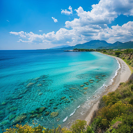 Beautiful summer landscape with turquoise sea and blue sky with cloudsの素材