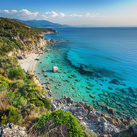 Beautiful seascape with turquoise sea and high cliffs. Location: Kefalonia, Greece, Europeの素材
