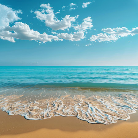 Beautiful seascape with sandy beach and blue sky with cloudsの素材