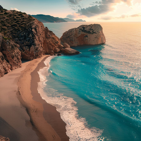 Beautiful seascape with blue sea and sandy beach at sunset.の素材