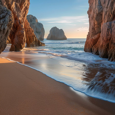 Beautiful seascape with cliffs at sunset. Portugal, Algarveの素材