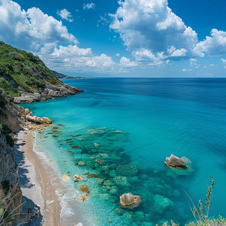 Beautiful seascape with turquoise water and white sand on the shore of the island of Sardiniaの素材