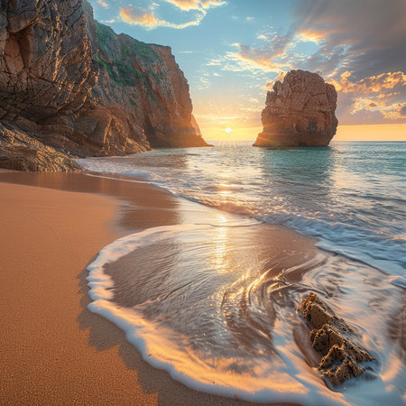 Fantastic sunset on the beautiful beach. Dramatic sky. Crimea, Ukraine, Europe. Beauty world.の素材