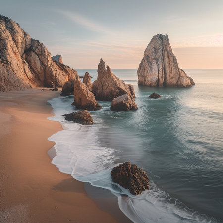 Beautiful seascape with rocks and sea waves at sunset. Long exposureの素材