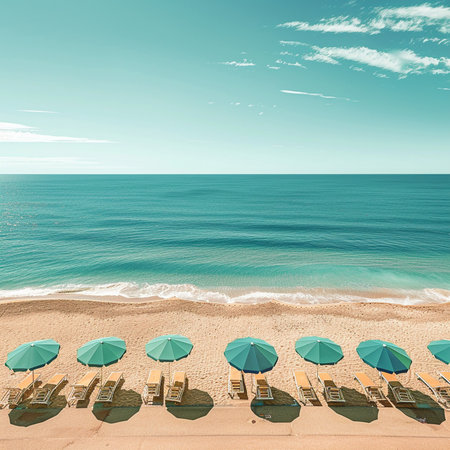 Aerial view of beautiful beach with sunbeds and umbrellasの素材