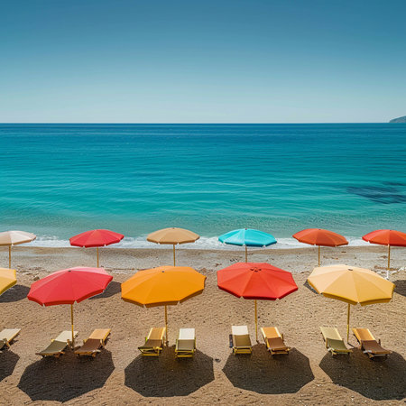 Colorful umbrellas and sun loungers on the beachの素材