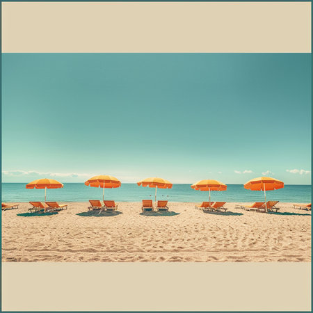 Beach with sunshades and umbrellas in retro styleの素材