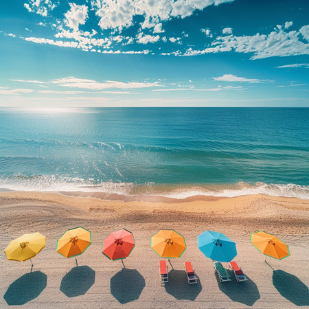 Colorful beach umbrellas and sunbeds on the beachの素材
