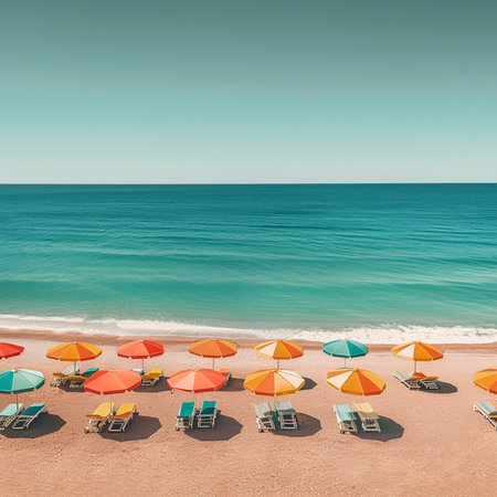 Colorful umbrellas and sunbeds on the sandy beachの素材