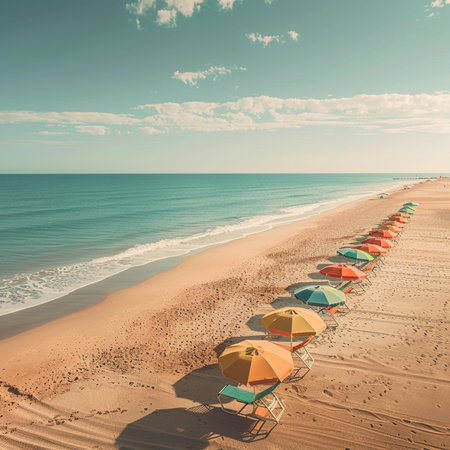 Colorful umbrellas on the sandy beach of the Mediterranean sea.の素材
