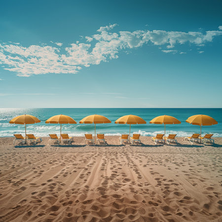 Beach with sunshades and umbrellas - vintage filterの素材