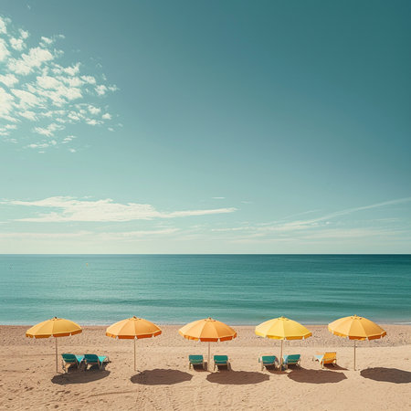 Umbrellas and sun loungers on a sandy beachの素材