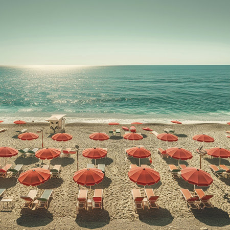 Beach with red umbrellas and sunbeds, retro tonedの素材