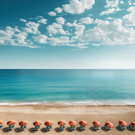 Beautiful seascape with sunbeds and umbrellas.の素材