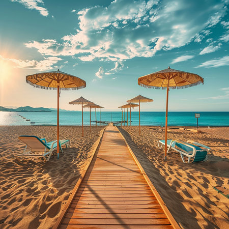 Wooden pier on the beach with sunbeds and umbrellasの素材