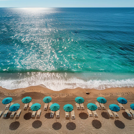 Aerial view of beautiful beach with sunbeds and umbrellasの素材