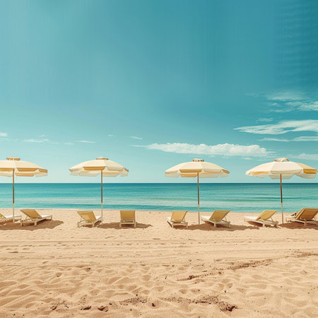 Beach scene with sunbeds and umbrellas on sandの素材