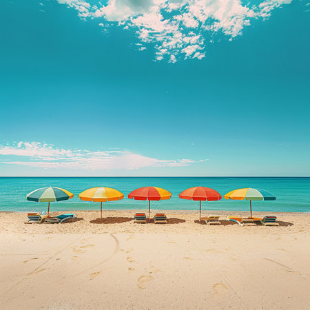 Colorful umbrellas and sunbeds on the beach.の素材
