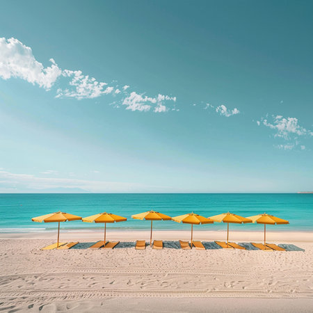 Beach chairs and umbrellas on a beautiful tropical beach.の素材