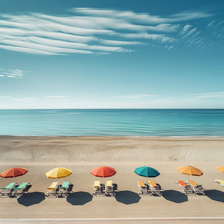 Beach chairs and umbrellas on the background of the seaの素材