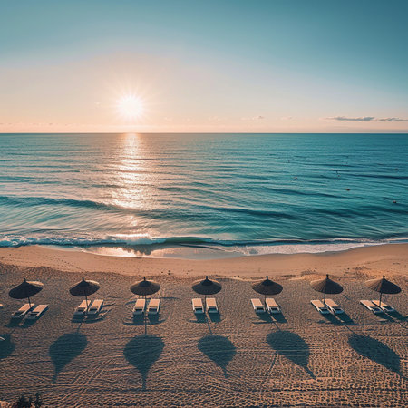 Aerial view of beautiful beach with sunbeds and umbrellas at sunset time.の素材