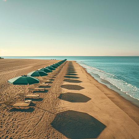 Beach umbrellas and sun loungers on the seashoreの素材