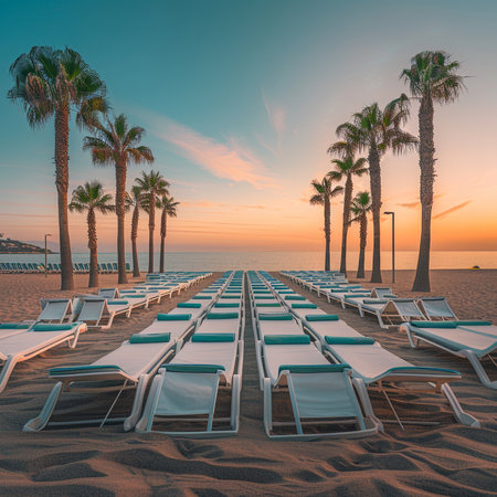 Sunset on the beach with palm trees and sun loungersの素材