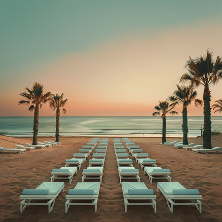 Beach chairs and palm trees at sunset. 3D Renderingの素材