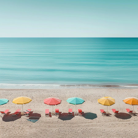 Colorful umbrellas on the sandy beach by the sea.の素材