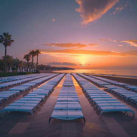 Beautiful sunset at the beach with umbrella and chair - Vintage Filterの素材