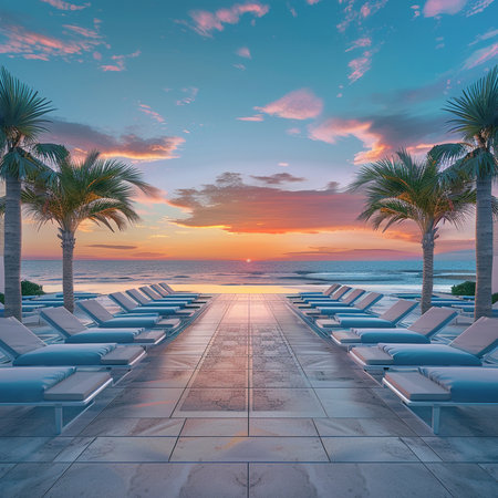 Tropical beach with palm trees and sunbeds at sunsetの素材