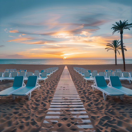 Sunset on the beach with deckchairs and palm trees in Spainの素材