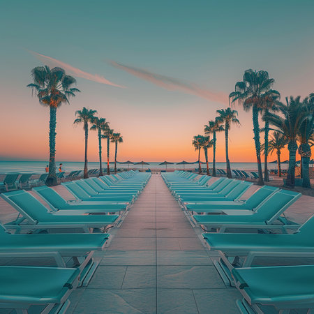 Sunset on the beach with deckchairs and palm trees. 3d renderingの素材