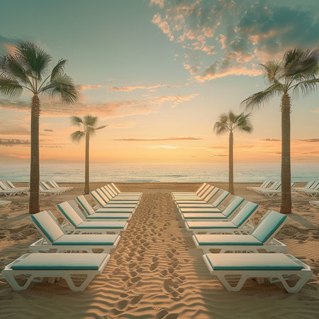 Sunset on the beach with sunbeds. 3d renderingの素材