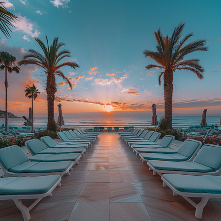 Sunset at the swimming pool with sunbeds and palm treesの素材