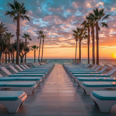 Sunset on the beach with sunbeds and palm trees.の素材