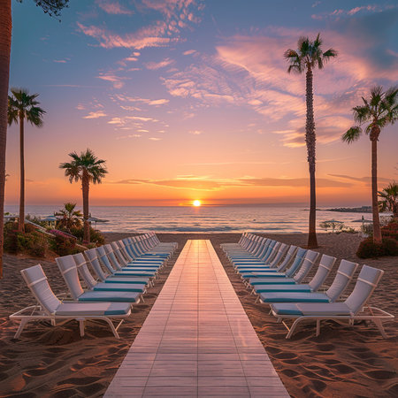 Sunset on the beach with deckchairs and palm trees. 3d renderingの素材
