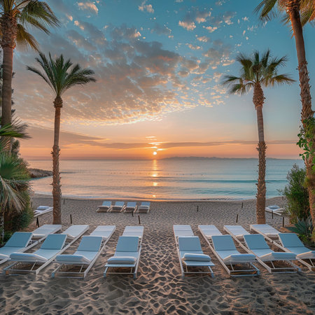 Sunset on the beach with palm trees and sun loungersの素材