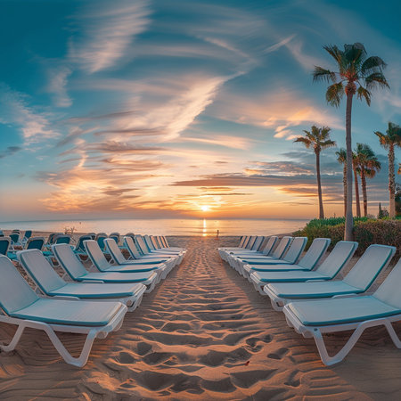 Sunset on the beach with chaise lounges and palm treesの素材