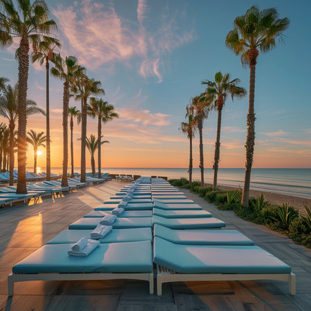 Sunset on the beach with sunbeds and palm trees. 3d renderingの素材