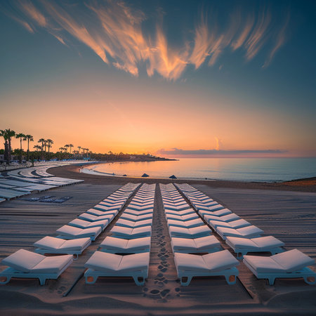 Sunset on the beach with sunbeds and umbrellasの素材