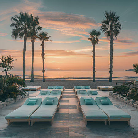 Sunset on the beach with palm trees and sunbeds.の素材