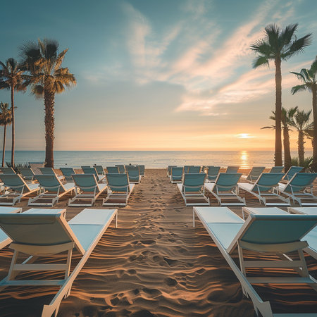 Sunset on the beach with chaise lounges and palm treesの素材