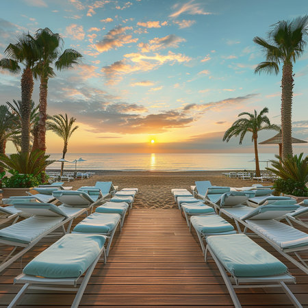 Sunset on the beach with deckchairs and palm trees. 3d renderingの素材