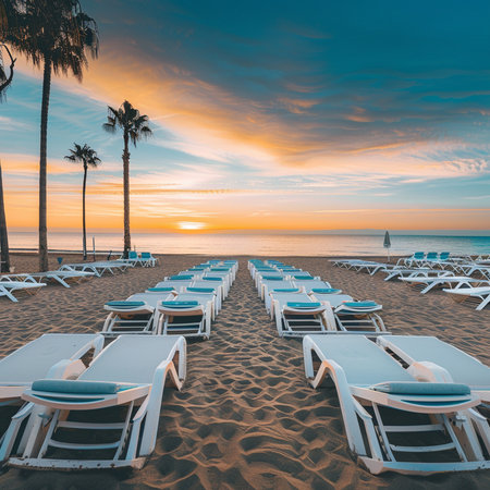 Beautiful sunrise on the beach with sunbeds and umbrellasの素材