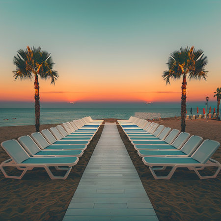 Sunset on the beach with deckchairs and palm trees. 3d renderingの素材